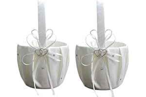 YUUDAR 2PC Wedding Flower Girl Basket, White Satin Flower Storage Basket with Heart Buckle Satin Ribbons Hanging Basket for Wedding (White)