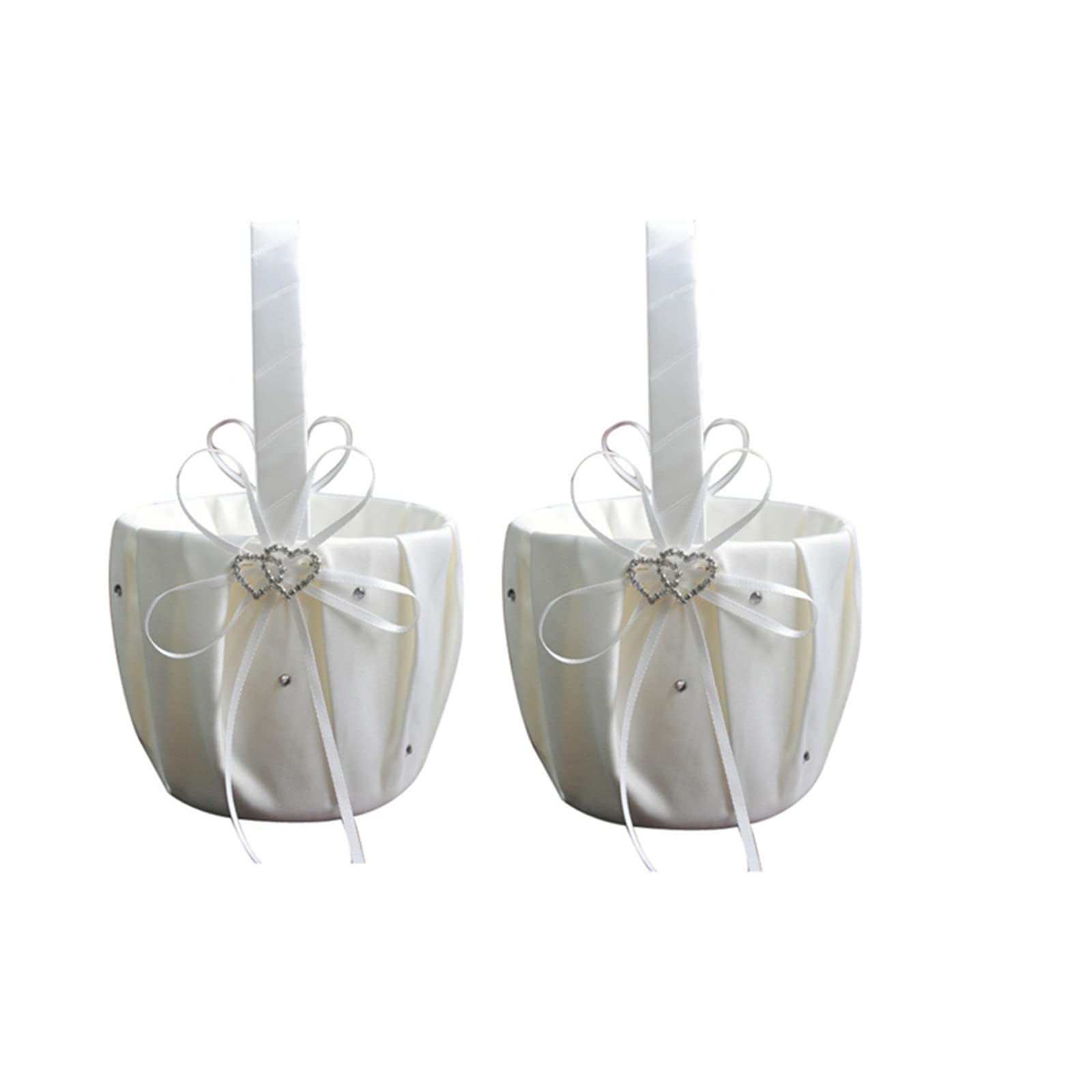 Photo 1 of 2PC Wedding Flower Girl Basket, White Satin Flower Storage Basket with Heart Buckle Satin Ribbons Hanging Basket for Wedding (White)