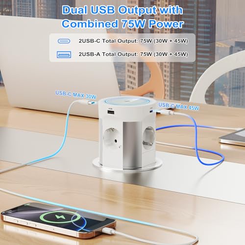 Worktop retractable socket, 2 USB-C 75 W Total, Qi 15 W, Ø100 mm | Built-in power strip with single push outlet, 4 AC outlets, 2 USB-A 45W+30W, kitchen and central island, white