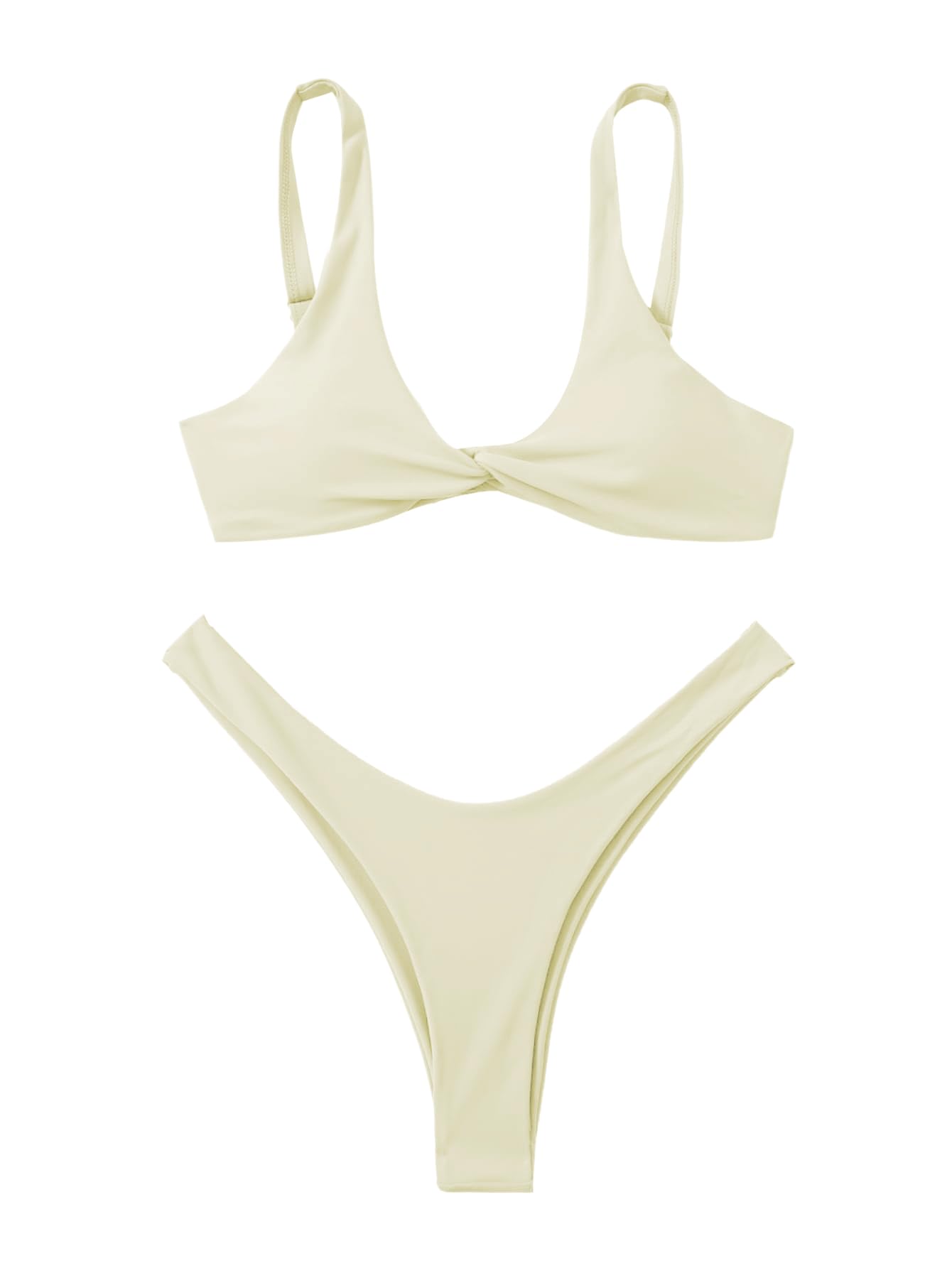 Photo 1 of Verdusa Women's Twist Front Bikini Set High Cut Thong Tied Back Two Piece Swimsuit Beige Medium