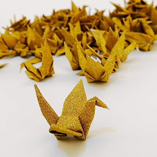 Hangnuo 100 PCS Origami Paper Cranes Glitter Gold, Folded DIY Japanese Crane Mobile String Garland for Wedding Party Backdrop Home Decoration