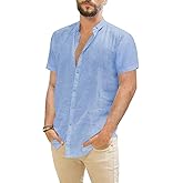 JEKAOYI Mens Casual Linen Button Down Short Sleeve Shirts Beach Summer Spread Collar Pocket Tops