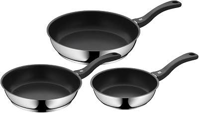 Wmf conjunto de 3 frigideiras antiaderentes devil 20-24-28 cm, em aço inoxidável e revestimento antiaderente para todos os tipos de fogões, incluindo indução, sem pfoa, cor preta