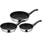 WMF 3-piece frying pan, coated frying pan with handle, diameter 20/24/28 cm, Devil Cromargan frying pan with stainless steel handle, stainless ceramic suitable for induction cookers and hand wash.