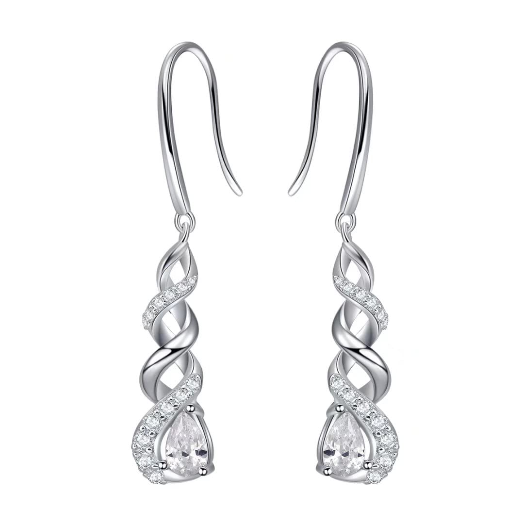 Qings April Birthstone Dangle Earrings - 925 Sterling Silver Cubic Zirconia White Diamond Crystal Cubic Zirconia Infinity Gemstone Earrings Piercing Sparkling Jewelry for Women Girls Teens