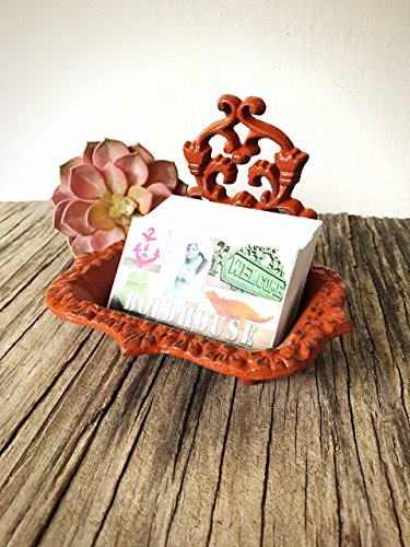 Decorative Metal Desktop Business Card Holder - Unique Desk Organizer - Farmhouse Style Office Decor - Burnt Orange