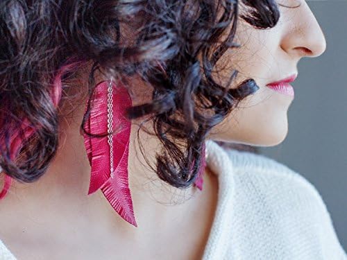 Pink fuchsia Leather Feather Earrings, layered earrings, tribal Earrings, Boho earrings, dangle earrings, long earrings