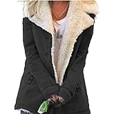 Epanus Women Warm Lapel Faux Fur Lined Coat Winter Fuzzy Fleece Button Open Front Long Sleeve Sherpa Jacket Outwear with Pocket Plus Size Black