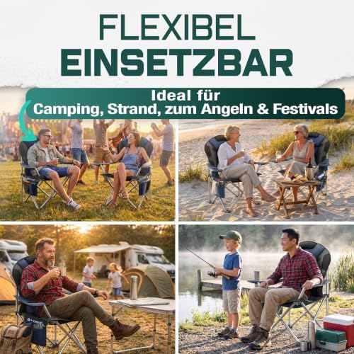 ® Sedia da Campeggio fino a 150 kg con Braccioli, Schienale Alto, Imbottita, Luce da Campeggio e Portabicchieri + Borsa, Pieghevole e Richiudibile, Blu Navy/Nero