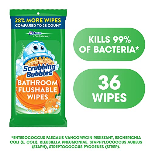 SCRUBBING BUBBLES ANTIBACTERIAL BATHROOM FLUSHABLE WIPES, FLUSHABLE AND RESEALABLE CLEANING WIPES, CITRUS ACTION, 36 WIPES