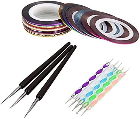 RELINDA (TM) 5 PCs 2 Way Nail Art Marbleizing Painting Tool, 3 PCs Crystal Glass Dotting Pen, 20 Color Nail Art Stripe Tape Line Decoration Design Sticker Rolls Tool