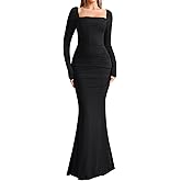 EYNMIN Corset Maxi Dress Long Sleeve Square Neck Ruched Bodycon Elegant Formal Wedding Guest Dresses for Women 2025 Fall