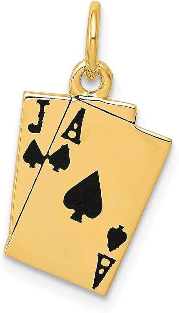 14k Yellow Gold Enameled Blackjack Playing Cards Pendant Charm Necklace