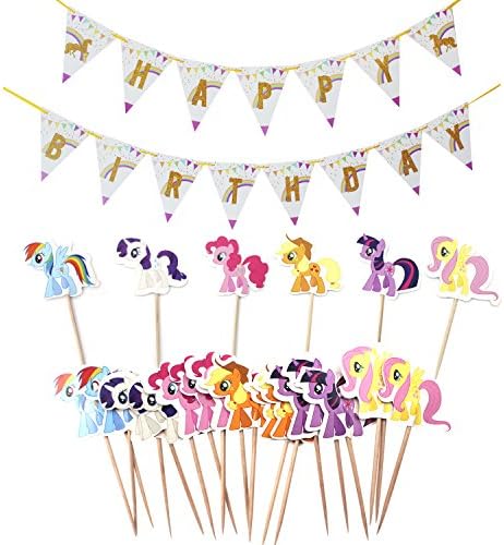 Unicorn Party Supplies Happy Birthday Banner Pennant with Cupcake Toppers Picks For Kids Girl Party Favors