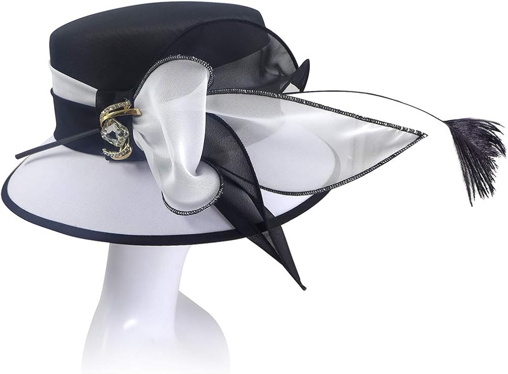 June's Young Women Church Hats Formal Dress Derby Hats with Feather Elegant Bucket Hats (Black/White) at  Women’s Clothing store