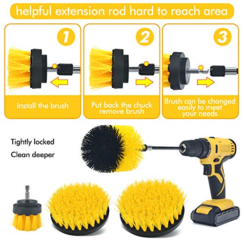 SHIELDPRO Brush Drill Attachment Set,Power Cleaning Scrub Brush Kit,All Purpose Time Saving Brush with Extend Attachment for Bathroom and Kitchen Surface,Grout,Tub,Shower,Tile,Corners,Automotive