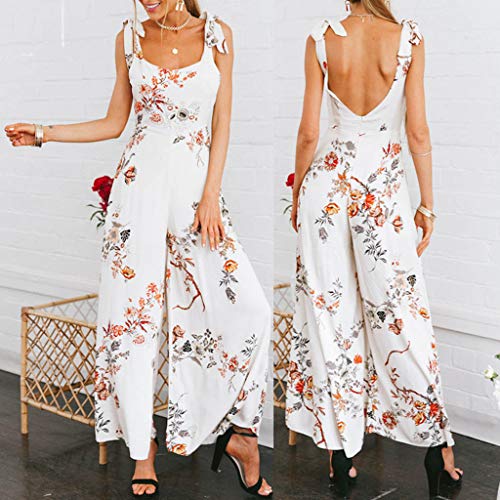 Mysky Fashion Women Popular Sexy Backless Sweet Floral Print Sling Long Jumpsuit White