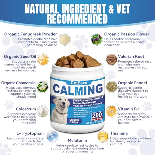 ColEaze Calming Chews for Dogs Puppy Dog Calming Chews, Help Manage Stress and Promote Relaxation Sleep Aid Calm Dog from Noise, Thunder, Barking, Separation, Small Medium Large & All Breeds