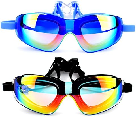 Arenaron 2 Pack Mirrored Swim Goggles W/ Ear Plugs &amp; Case, Swimming Goggles, Anti-fog UV Protection Mirrored Waterproof Comfort Swim Glasses for Adult Men Women Youth Kids Teens (2PCS-Black/Blue802)