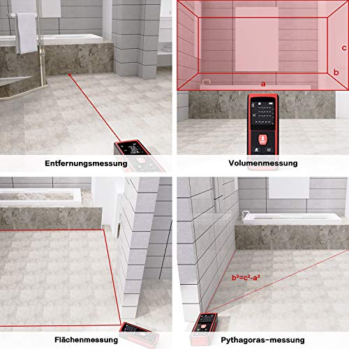 Laser Entfernungsmesser 60m mit Elektronischer Winkelsensor, LCD Hintergrundbeleuchtung, Pythagoras/Abstand/Fläche/Volumen Messungen(0,05~60m/±2mm, m/in/ft/ft+in, 99 Datenspeicherung)