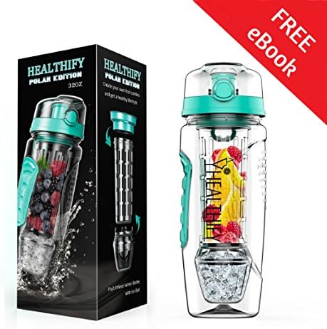 Healthify Fruit Infuser Water Bottle - Large 32Oz, Polar edition with gel ice ball, Featuring a Flip Top Lid, Dual Hand Grips ,Eco friendly, 100% BPA free - Free E-Book for Recipes