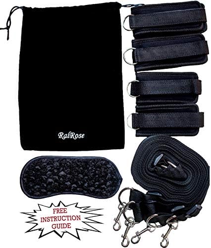 RalRose Bed Restraints Set - Including a FREE Instruction Manual, Rose Embroidered Blindfold and A Soft Touch Velvet Bag - Strong, Adjustable Straps Fit All Bed Sizes - Perfect for Both Men & Women
