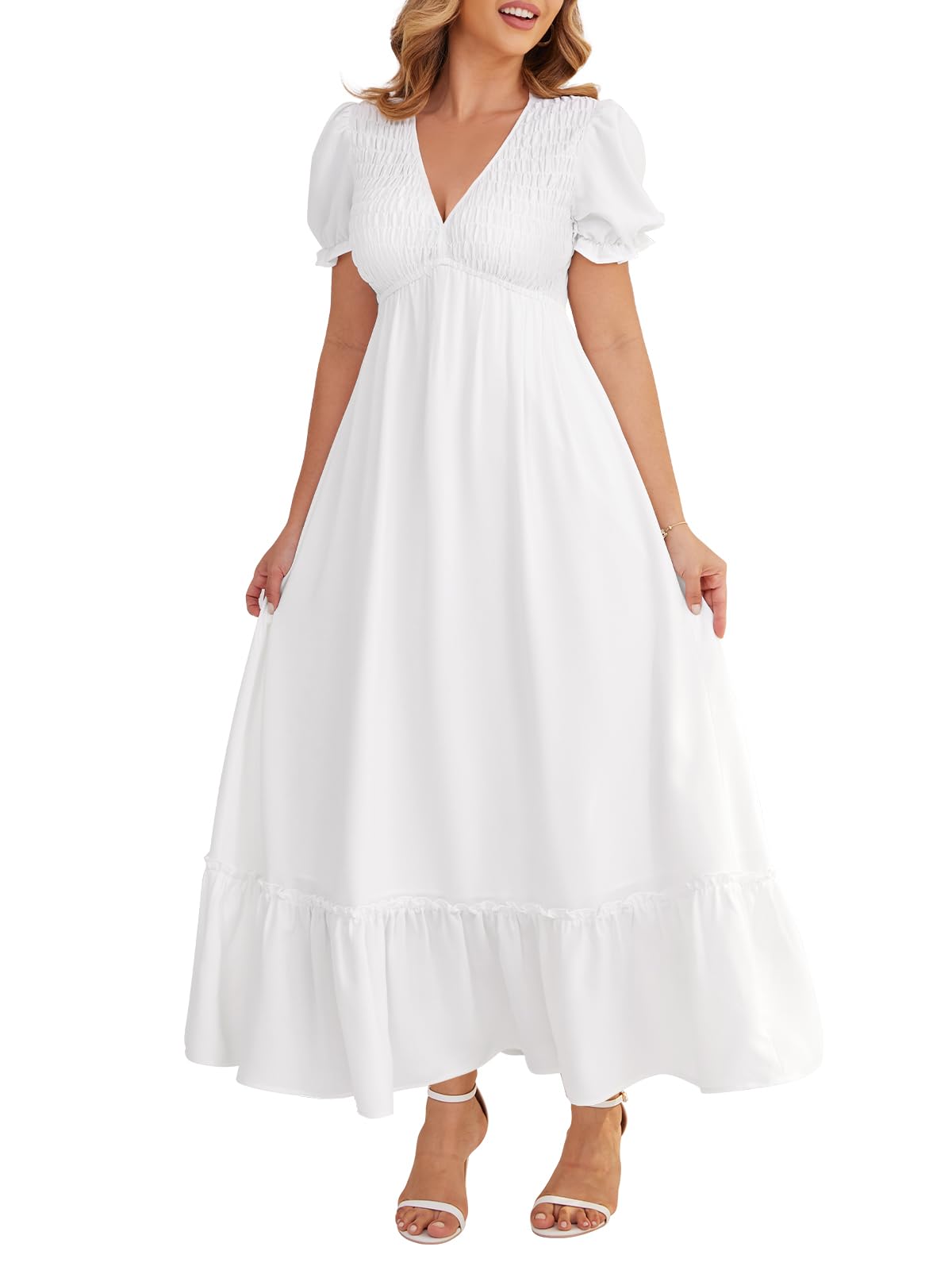 Photo 1 of CosySun Plus Size Maxi Dresses - White Empire Waist Dress for Women: Flowy Tiered Short Puff Sleeve Dresses for Beach 2025