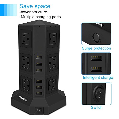 Tower Power Strip Surge Protector 12 AC Outlets with 6 Ports USB Chargers Black-Powerjc