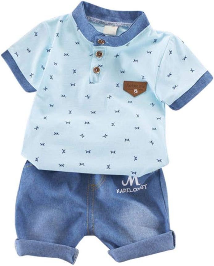 BOBORA Baby Boy Kids Summer Clothes Set Cartoon Whale Short Sleeved Tops with Elastic Striped Short Pants 0-7Years