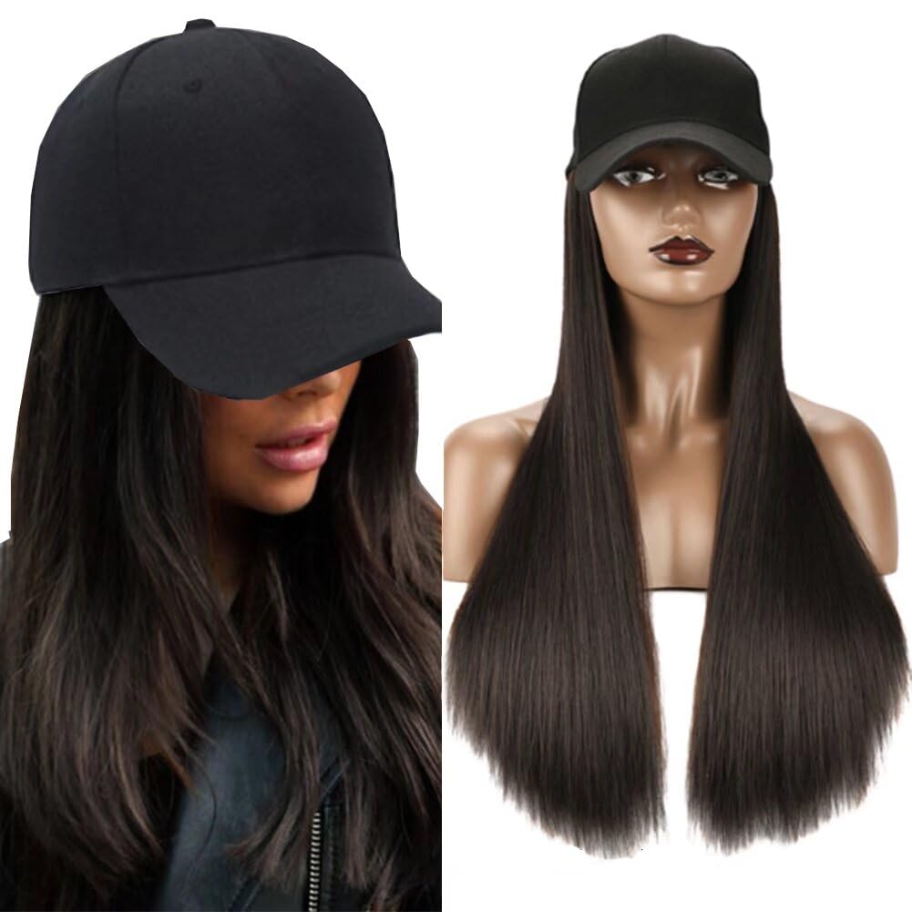 Photo 1 of iLUU Wig and Hat Baseball Cap With Black Brown Hair Extensions Synthetic Hairpiece With Attached Black Cap Hat With 24inch Long Straight Smooth Natural Black Hair Extensions For Women Girl