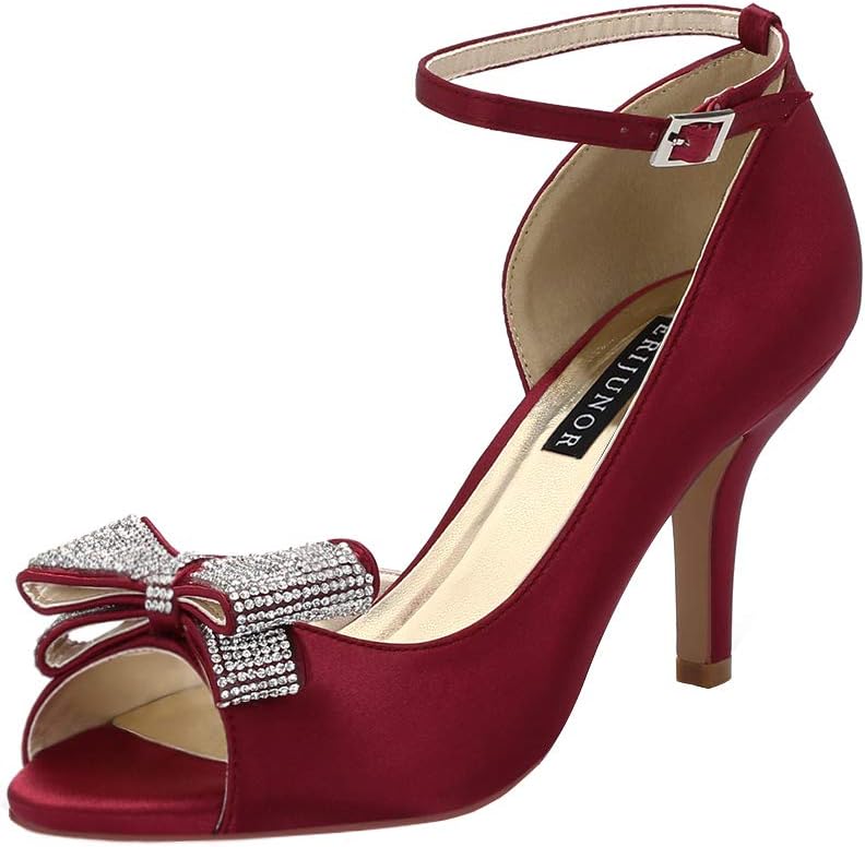 ERIJUNORWomen Comfortable Middle Heel Peep Toe Bows Rhinestones Satin Wedding Evening Party Shoes