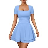 XXTAXN Women's Sexy Square Neck Short Sleeve Ruched Tiered Ruffle Hem Flowy Club Party Mini Dress