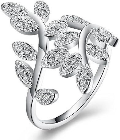 Ekavtor Silver Plated Olive Leaf Rings White Rhinestone Copper Ring Elegant and Peace Theme