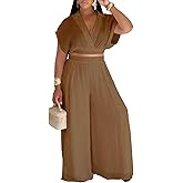 KEYUFANG Women's Summer 2 Piece Outfits Wrap V Neck Crop Top and Wide Leg Pants Sets Casual Vacation Outfits