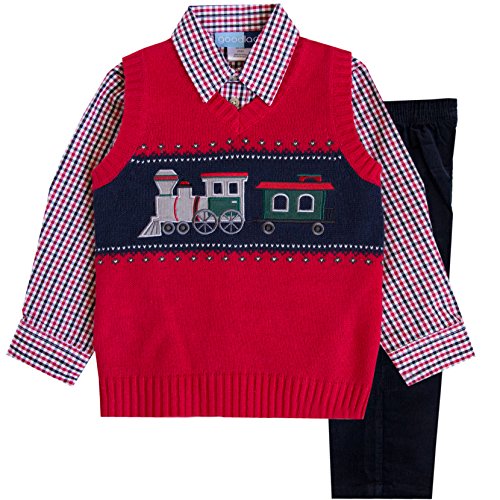 Good Lad 2/7 Boys 3 Pc Red Train Motif Sweater Vest Set