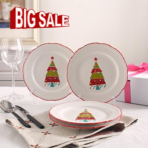 {NEW ARRIVAL}SOLECASA 7.5-inch Set of 4 White Porcelain/Ceramic Round Dinner Serving Plate,Salad/Pizza/Bread/Dessert Serving Plate in Christmas Design