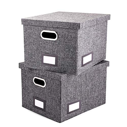 File Organizer Box Set of 2 - Collapsible Linen Filing Boxes for Easy File Folder Storage- Handles and Removable Lid | Organize Your Documents and Hanging Files in Style