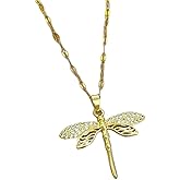 14k Yellow Gold Personality Dragonfly Necklace Dragonfly Charms Pendant Necklace with Clavicle Chain Dragonfly Necklaces Crystal Dragonfly Neckchain Jewelry for Women, Sisters