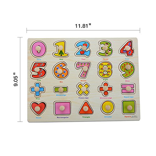 Wooden Jigsaw Peg Puzzle Board Toy, Moonvvin Number Educational Puzzles for Toddlers Learning Math Shapes & Color Recognition Toy