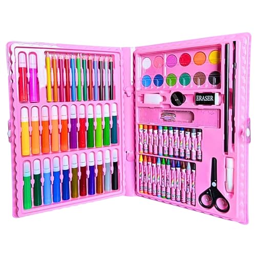 Maleta de Pintura Infantil 86 Peças — Estojo Rosa, Lápis de Cor, Canetinha, Giz de Cera, Aquarela e Pincel, Para Meninas 4 a 12 Anos, Escola e Presente