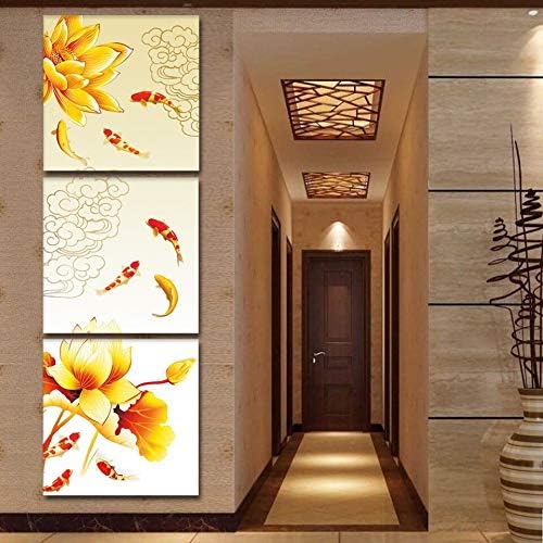 guutop Canvas Print Pictures Home Decor 3 Pieces Koi Fish Golden Lotus Chinese Painting Wall Art Cyprinus Carpio Feng Shui Poster cm