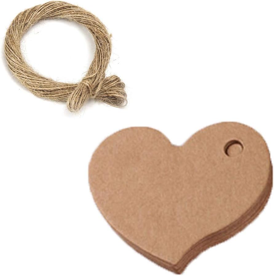 Urtone 100 PCS Heart Shape Kraft Paper Tags Gifts Tags Wedding Paper Tags 6.5 * 5CM with 20 Meters Twine