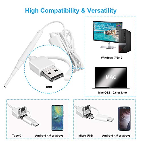 USB Otoscope, 3.9mm Ultra-Thin Digital Otoscope Camera, 720P Ear Inspection Endoscope Visual Ear Scope Cleaner with Ear Wax Remover Cleaning Tool and 6 Adjustable LED Light for Android, Windows, Mac