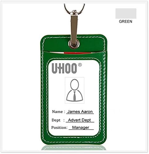 UHOO Badge Holder, Leather Vertical ID Card Holder with Neck Lanyard Multi Card Holder(Green)