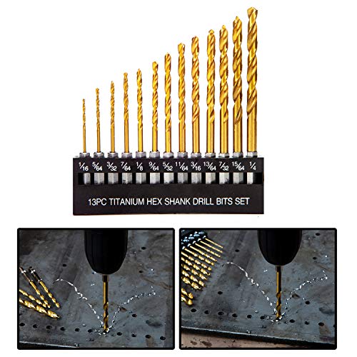 INTOO Hex Drill Bit Set 13 Piece 1/16"-1/4" Quick Change titanium Impact Drill Bit set HSS For metal,Wood,Plastic