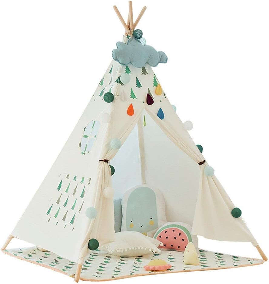 Kids Play Tent for Indoor Outdoor Indian Children's Tent Christmas Tree Decoration Kids Play Folding Game Tents Cotton Canvas Teepee With Mat Window Pocket Portable Teepee Game Toy Boys Girls