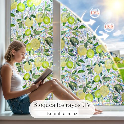 Qualsen Rainbow Effect Window Vinyl Stickers for Glass Electrostatic Lemon Tree Pattern Decorative Non-Adhesive Vinyl Anti UV Privacy Film Home Window 30 x 100 cm