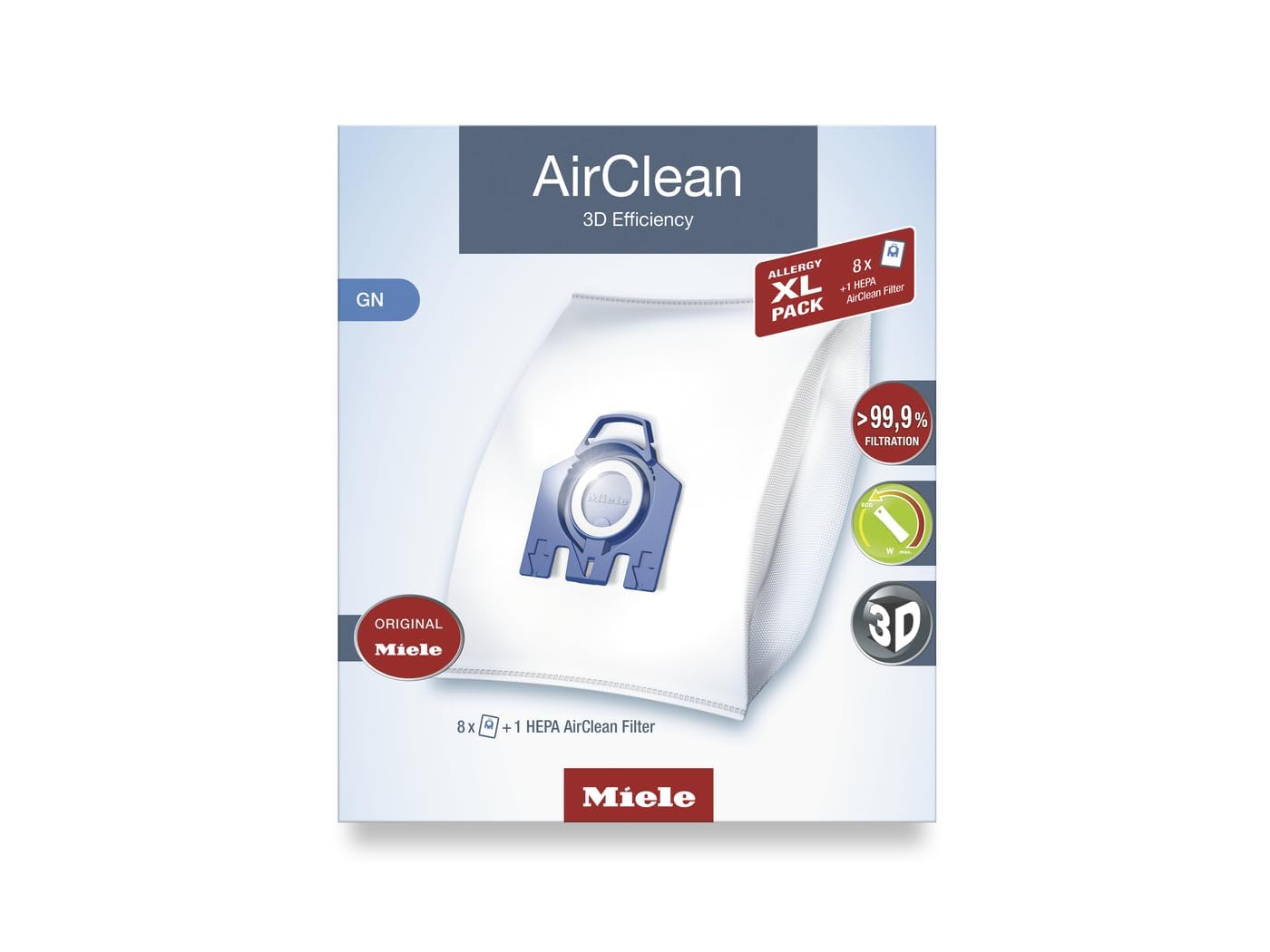 Photo 1 of Miele AirClean 3D Efficiency Dust Bag, Type GN, Allergy XL-Pack, 8 Bags, 2 Pre-Motor Filters, and 1 HEPA Filter
