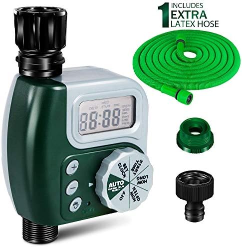 Garden Hose Timer Outdoor with 50 ft Retractable Nylon Hose Electronic Sprinkler Timer Outdoor Single Outlet Digital Programmable Auto and Manual Control for Garden, Greenhouse, Flower Bed, Lawn