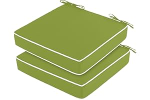 LOVTEX 19x19 Outdoor Chair Cushions Set of 2, Waterproof Patio Cushions for Outdoor Furniture, Thick Outdoor Seat Cushions for Chairs with Straps and Portable Handle(Grass Green with White Piping)